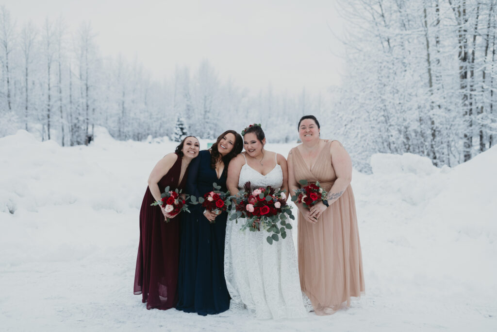 bridesmaids pictures, bridal party portraits , alaska winter wedding party