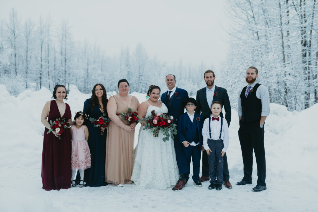 winter wedding in alaska, bridal party outdoor portraits