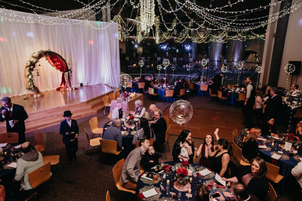 fairy lights wedding reception, indoor winter wedding in alaska
