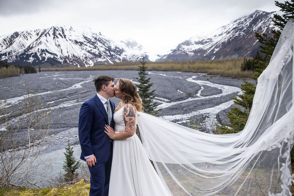 Bride and Groom in Alaska Wedding Mountains